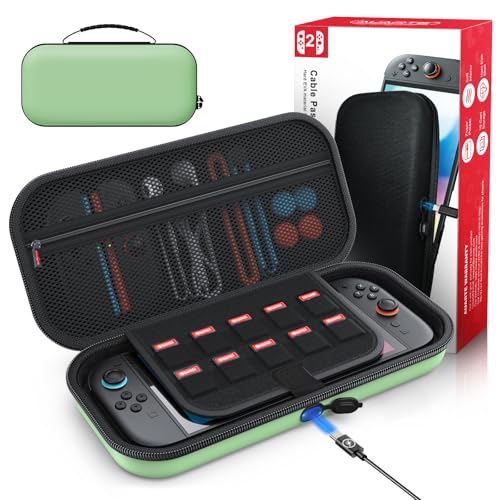 Auarte [Charge Inside Carrying Case for Switch 2 Console (2025)/OLED-Green | Slim Hard Portable Travel Carry Case Bag for Switch 2 Accessories with 10 Game Card Storage