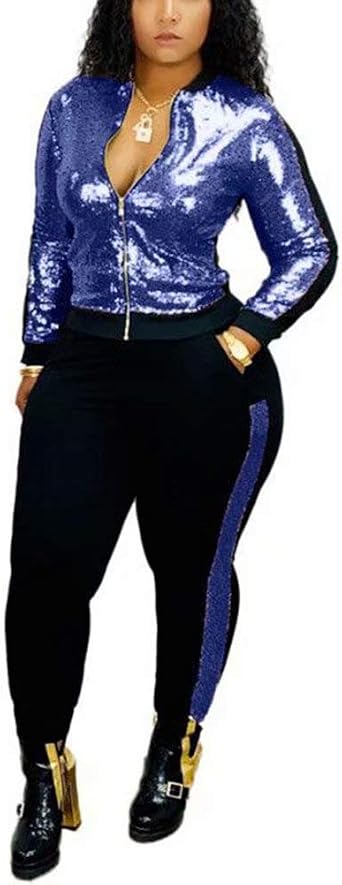 Amazon.com: Conjunto de chándal de dos piezas para mujer, chaqueta brillante  y pantalones bodycon : Ropa, Zapatos y Joyería