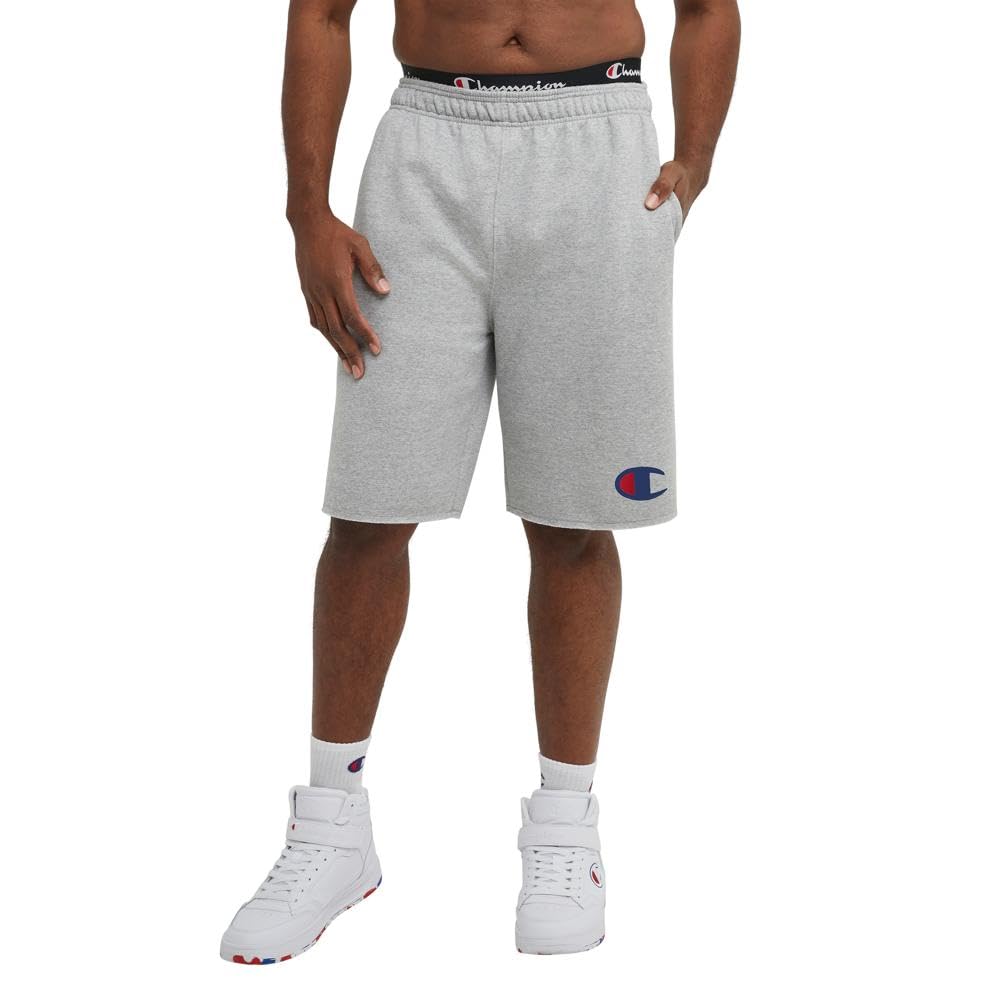 Champion Pantaloncini da uomo, Powerblend Fleece Shorts, 10", peso medio, logo "C", pantaloncini sportivi lunghi con tasche, grande logo "C", Logo Oxford Grigio C, L Alti