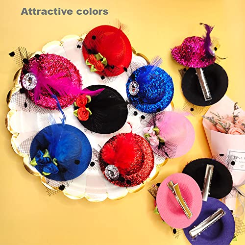 12Pcs Mini Hat Hair Clips, Girls Tiny Top Hats Fascinator Hair Accessories Decorative With Ribbon Flowers Faux Feather Mesh Barrette Hairpin For Costume, Tea, Cocktail Party, 2.28Inch, 2 Style #TOP5