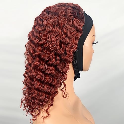 Image of XSY Headband Wig Human Hair Curly Reddish Brown 150% Density Brazilian Virgin Hair #33 Red-Brown Deep Wave Headband Wig Glueless None Lace Front Wig 18 Inch
