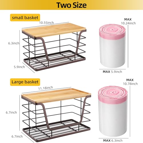 ALOCEO 2 Pack Large Pantry Baskets with Bamboo Lip, Stainless Steel Garbage Bag Holder Dispenser Countertop Storage, Stackable Kitchen Storage Bins for Fruit Onion Potato Vegetable, Brown - Image 3