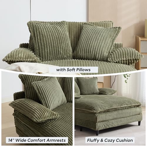 Image of Oversized Chaise Lounge Chair Indoor with 5-Position Adjustable Backrest, 54.8 inch Upholstered Corduroy Deep Seat Single Cloud Sofa Chair, Fluffy Modern Sleeper Couch Bed for Living Room, Green
