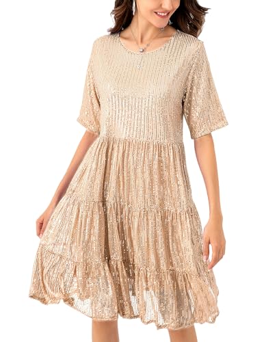 Image of Sequin Babydoll Summer Dress，Sparkly Glitter Dress Short Flowy Tiered Tunic Dress for Women Party Club Night