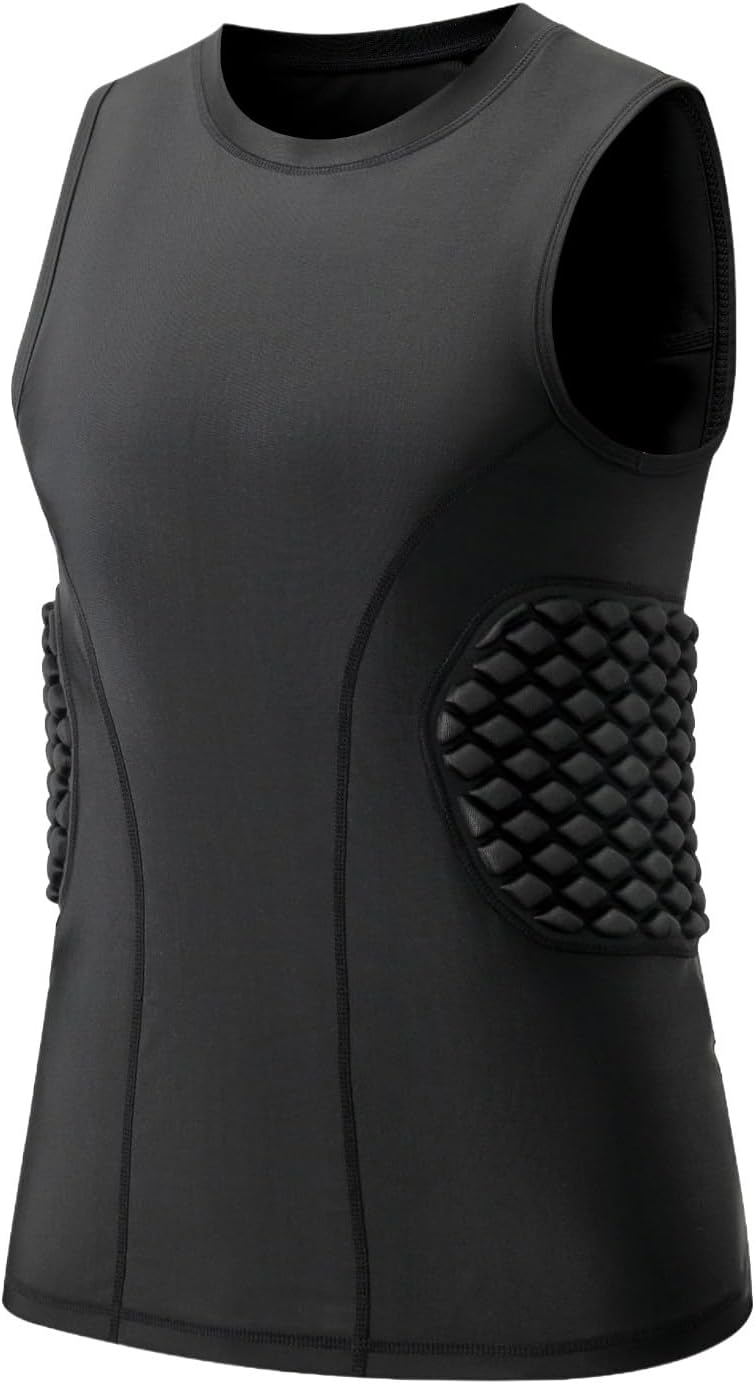 Topeter Padded Compression Shirt, Sleeveless Football Base Layer W/ Rib and Back Protection for Practice & Game Day