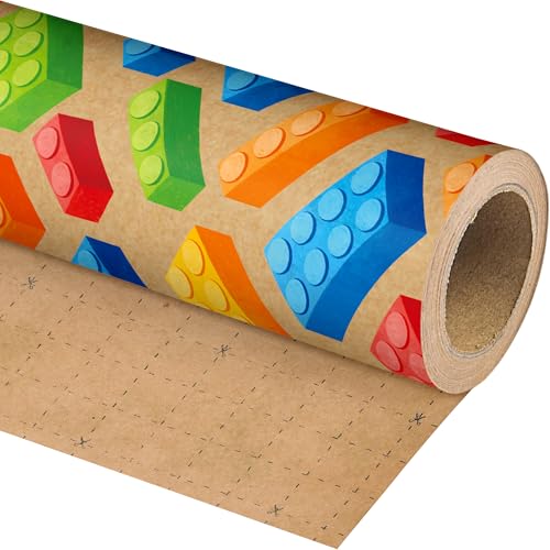 Dlyrroba Kraft Building Blocks Wrapping Paper Roll for Boys - Colorful Building Bricks Design Gift Wrap for Kids Birthday Holiday Party 17 Inch x 16.5 Feet