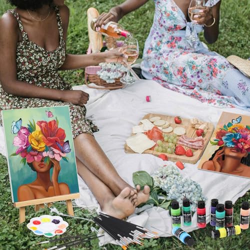 AmazingSpark 6 Set Paint and Sip Kit for Adults 8"x 10" Pre Drawn Canvas for Painting DIY Acrylic Paint Set Canvas Panels Wood Easel, 24 Colors 60ml 2oz Date Night Easter Party Favors(Art Lady) by AmazingSpark - Image 7