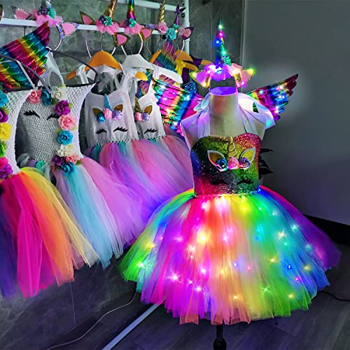 Letsglow Unicorn Dresses For Girls Dress Up & Role Play Costume Led Light Up Birthday Halloween Party B (Rainbow, B-5~6T) #TOP4