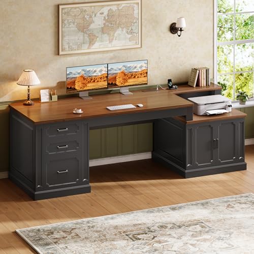 Image of SEDETA Farmhouse 70.9 inch Executive Desk, Home Office Desk with File Drawers and Storage Cabinet, Computer Desk with Power Outlet for Home Office, Work Study Writing, Black+Brown