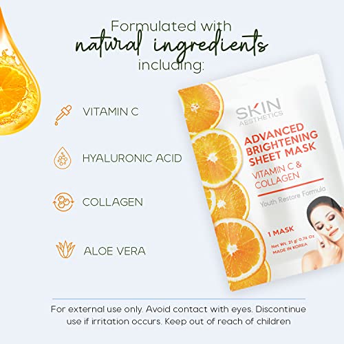 Skin Aesthetics Vitamin C & Collagen Sheet Face Mask - Reduce Wrinkles & Age Spots, Moisturizes, Hydrating & Advanced Brightening Sheet Mask - Cruelty Free Korean Skincare For All Skin Types - 5 Masks #TOP5