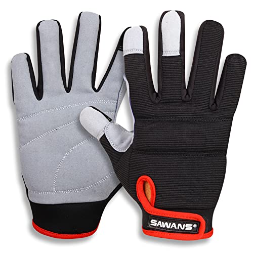 SAWANS Mens Work Gloves Women Safety Mechanic Working Gloves Utility Multipurpose Gardening Construction Touch Screen Flexible Breathable Padded Knuckles & Palm Heavy Duty (Small