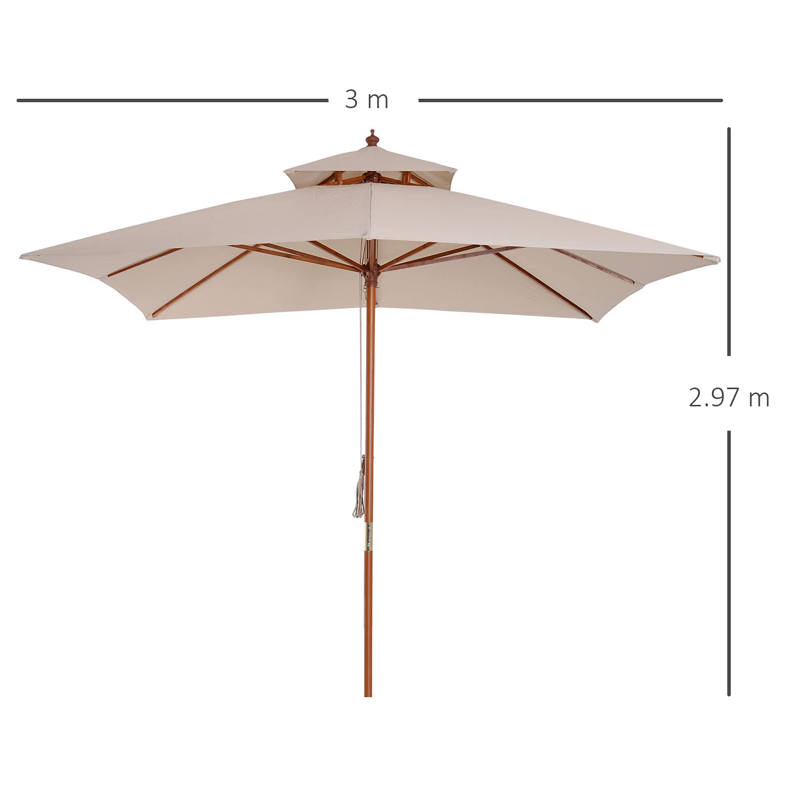Outsunny Ombrellone da Giardino 3x3 m con Sistema a Corda, Parasole a 2 Livelli, Ombrellone da Esterno Quadrato a 8 Stecche, in Bambù, Legno Pioppo e Poliestere, per Cortile Balcone, Crema