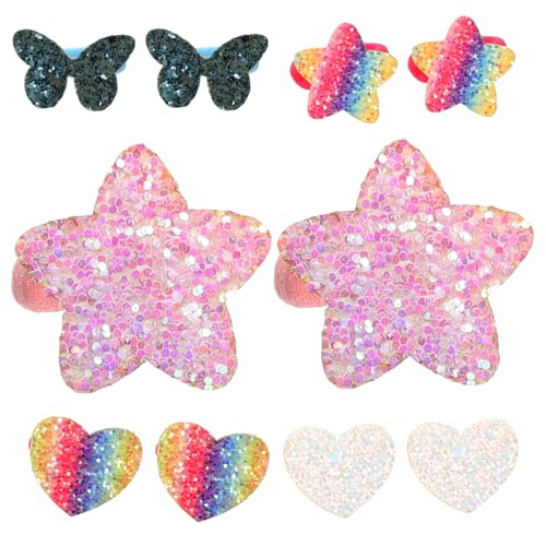 PACKOVE 5組 女の子用高弾力エラスティックヘア スパンコールハート スター付きポニーテールホルダー キッズ向け装飾ヘアアクセサリー