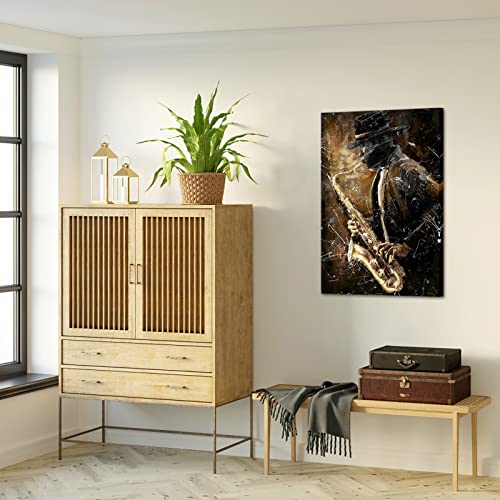 Sechars Black Jazz Canvas Wall Art Modern African American Saxophone Player Painting Music Picture Prints Cool Men Bedroom Decor Framed Ready To Hang (Large) #TOP2