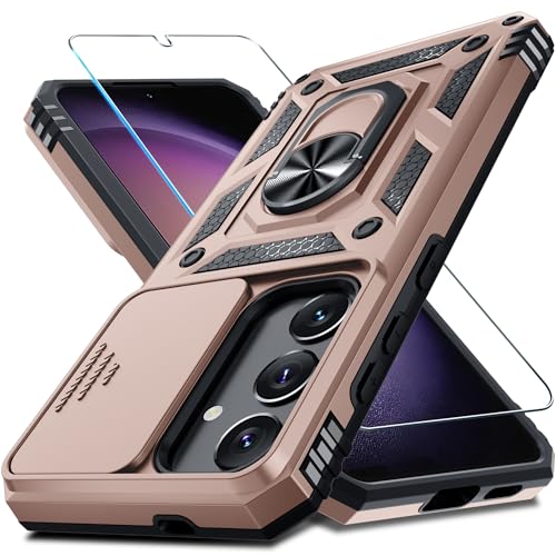 Janmitta Compatible with Samsung Galaxy S25 Plus/S24 Plus Case Built in Slide Camera Lens Cover+Screen Protector+Finger Ring Holder Kickstand,Heavy Duty Shockproof Full Body Phone Cover,Rose Gold