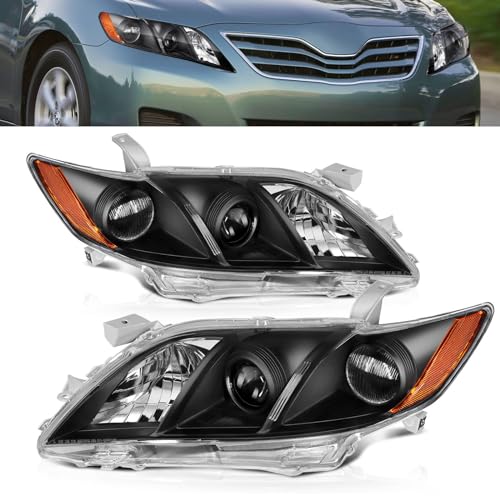 Julypanda Headlight Assembly Fit for 2007-2009 Toyota Camry 2007 2008 2009 Camry Headlights Halogen Headlamp Black Housing Amber Reflector Replacement Driver Passenger Side