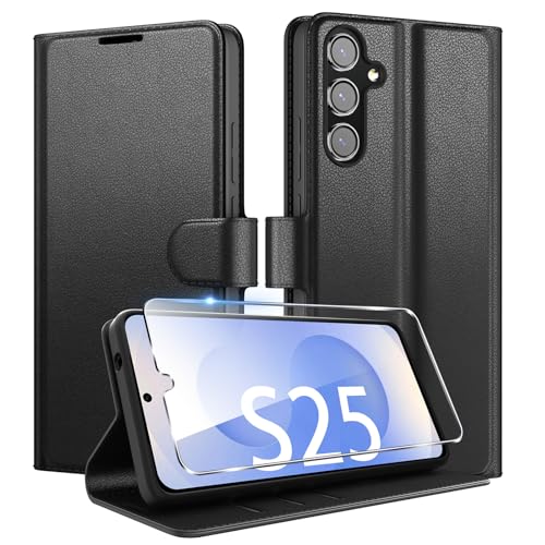 Coiwxmoi für Samsung Galaxy S25 5G Hülle Mit 1 Stück Panzer Schutz Glas, Wallet Premium PU Leder Handyhülle, Standfunktion Schutzhülle Kartenfach Stoßfeste Klapphülle Flip Case Cover Schwarz