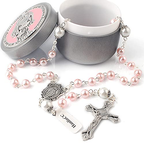 HanlinCC 6mm Glass Pearl Beads First Communion Rosary Necklace with Silver Zinc Alloy Rosary Box3