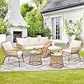 NICESOUL® 6 Pcs Boho Outdoor Patio Furniture Set with Beige Cushion, Bohemian style Chair with Coffe Ice Bucket, High-End Comfy Cozy Wicker Conversation Sofa for Garden Balcony Deck Porch and Backyard