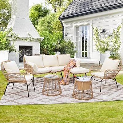 NICESOUL® 6 Pcs Boho Outdoor Patio Furniture Set with Beige Cushion, Bohemian style Chair with Coffe Ice Bucket, High-End Comfy Cozy Wicker Conversation Sofa for Garden Balcony Deck Porch and Backyard