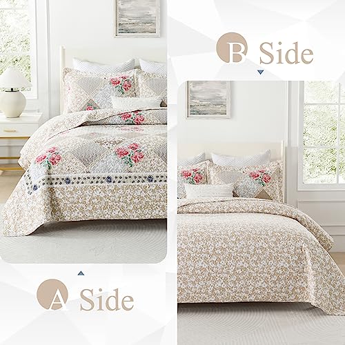 SahSahCasa 100% Cotton 128"x120" Oversized California King XL Bedspread Coverlet Quilt Set, Cal King Quilted Bedspread Extra Large Quilt, Floral Bed Spread Lightweight Comforter, 3pc, Brown/Grey — view 3