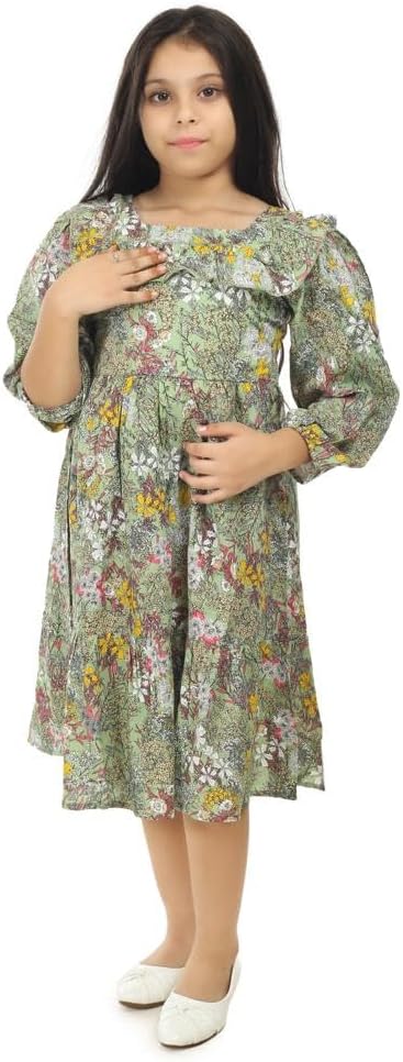 Girls Kids All Over Printed Fit n Flare Dress Green