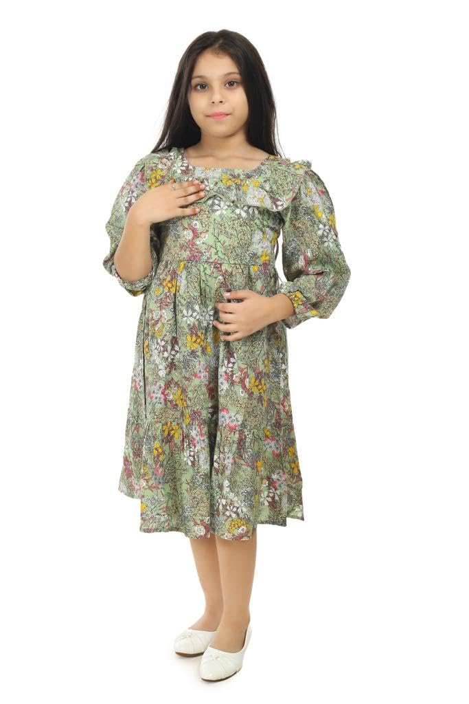 Girls Kids All Over Printed Fit n Flare Dress Green