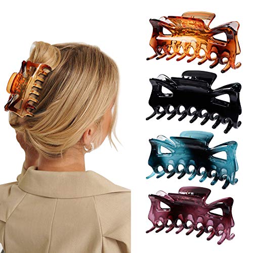 Magicsky Large 4PCS Hair Claw Clips, French Design Crystal Plastic Butterfly Jaw Clamp, 4.5” Nonslip Bow Crab Barrettes for Thick Hair, Chic Accessories for Women Girls -Black Brown Burgundy Teal
