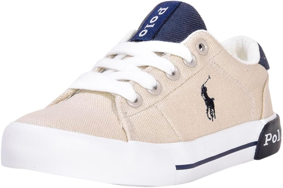 POLO RALPH LAUREN Boy's Grafftyn (Little Kid) Sneaker, Sand Canvas/Navy/Navy Pony Player, 13
