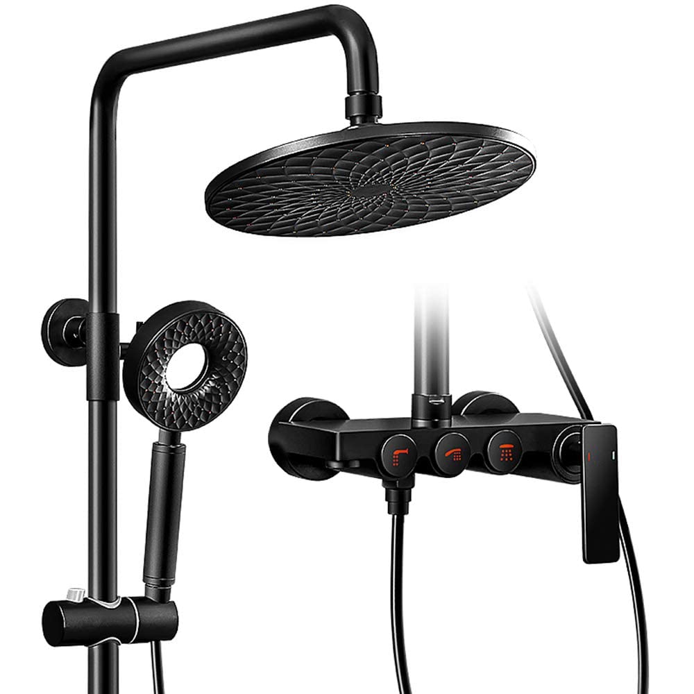 CWCQGH Black Exposed Rain Mixer Shower Combo Set Wall Mounted Bathroom Shower Faucet Set with Shower Head, Hand Shower, Bathtub Spout