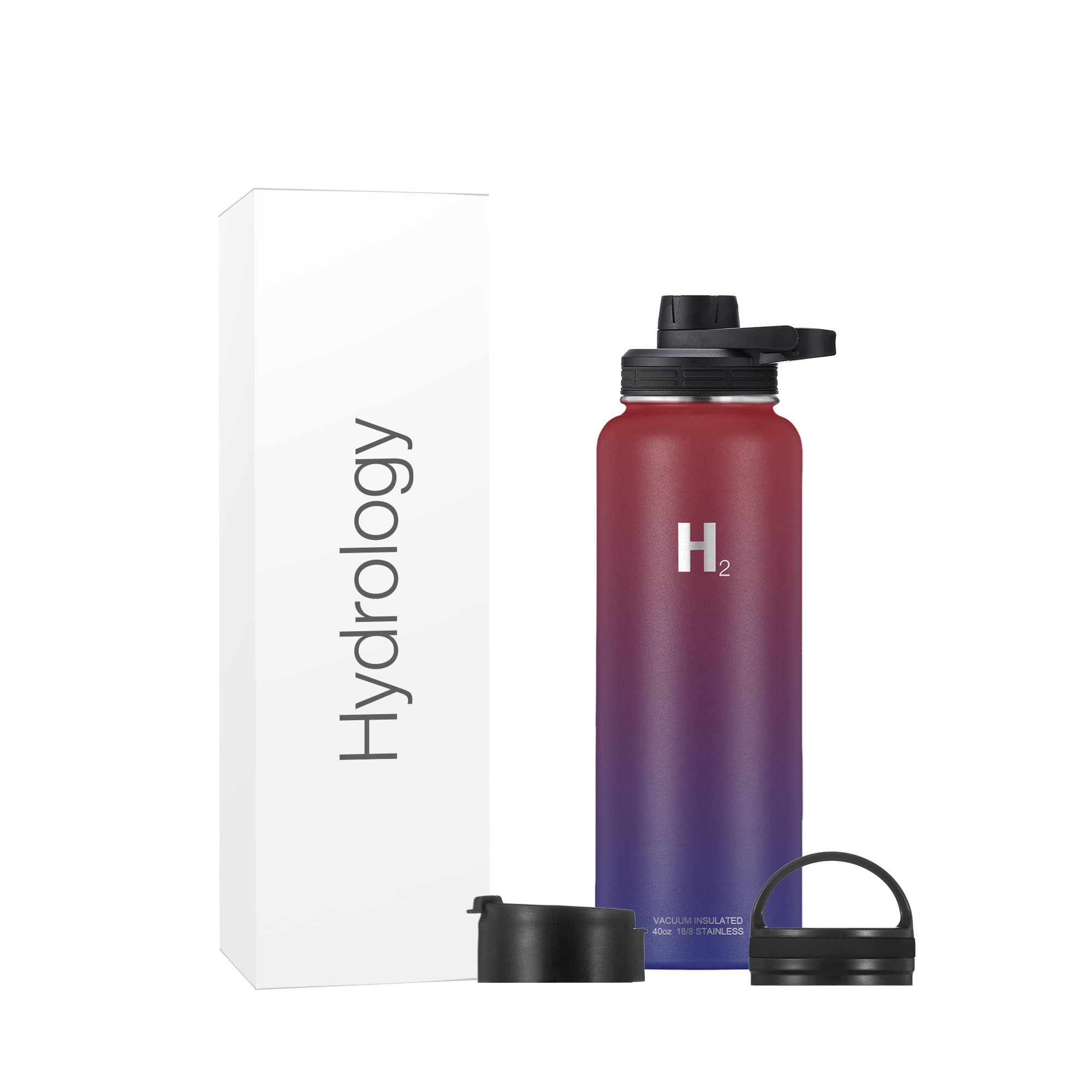 H2 Hydrology Water Bottle Insulated - Stainless Steel Hot & Cold Water Bottle, Wide Mouth Sports Flask, Leakproof Vacuum Sports Bottle, Double Wall Insulated Water Bottle, 3 Lids (40 oz, Man of Steel)