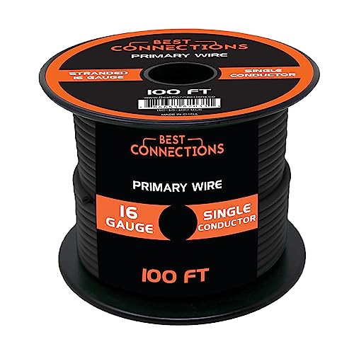 BEST CONNECTIONS Automotive Primary Wire - 100ft (Various Color Options) | Ideal for Trailer, Speaker, and Lighting Circuits | Durable Primary/Remote, Power/Ground Electrical Wiring (16 Gauge, Black)