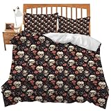 Skull Bedding Set Queen Size Skeleton Comforter Cover Set for Teen Boys Super Soft Construction Gothic Duvet Cover Set Halloween Bedroom Decor Twin Full Queen King Size Quilt Cover with 2 Pillowcase