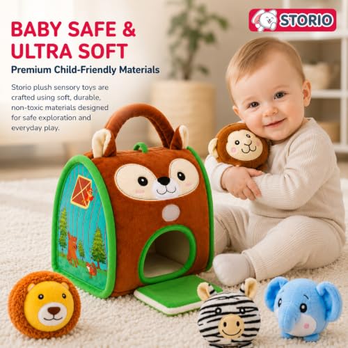 Image of Storio Jungle Woodland House Sensory Plush Animal Toys for Babies, Soft Stuffed with Rattles, Crinkle, Squeak & Mirror, Montessori Learning Toy for Infants Toddlers 6-12 Months, Baby Gift Set