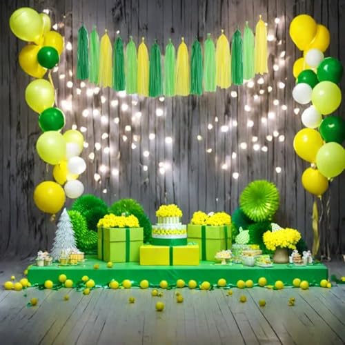 Image of Green Light Green and Yellow Tassel Garland Banner Paper Tassels for Party Decorations,Pack of 15