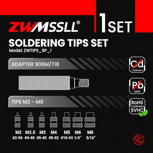 Image of Heat Set Insert Tips 8Pcs /Soldering Tips for Thread Inserts M2M2.5M3M4M5M6M8#2-56#4-40#8-32#10-24 1 /4 inch, Compatible with T18 ST 900M FX888D FX600 WLC100 Irons- Press Tool for Plastic3DPrinterComponents
