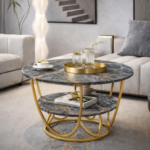 Image of Brown Art SHOPPEE Faux Marble Top Round 2 Tier Metal Coffee Tables Simple Living Room Table Sets, Sofa Center Table End Tables with Metal Frame Home Decor for Living Room (Golden&Grey)
