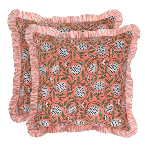 Ridhi Block Print Dark Salmon Pink Throw Pillow Cover 18 x 18 (Pack of 2) Decorative Cushion Covers with Ruffle for Couch Sofa Bed Living Room Home Decor Gift for Spring Mothers Day