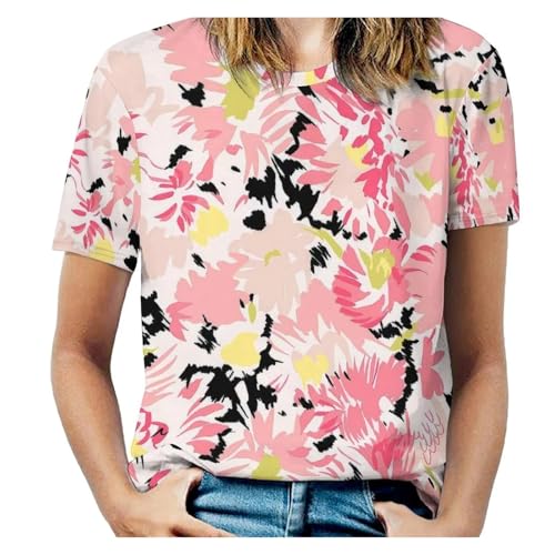 T-shirt imprimé floral rouge O cou parfait pour vos vacances d'été