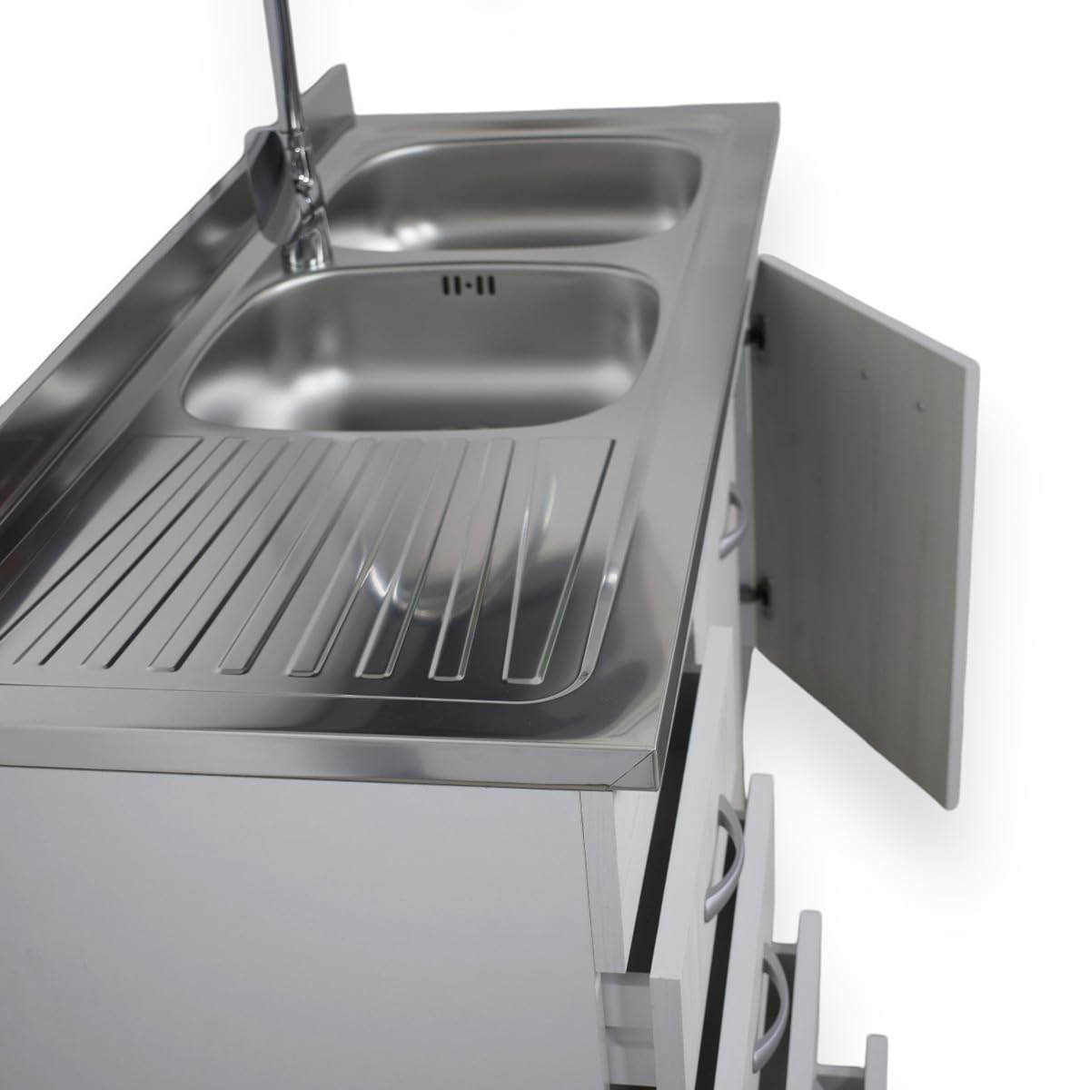 Yellowshop - Mobile cucina sottolavello a 3 ante cm 120 effetto legno frassino moire componibile con lavello inox e scolapiatti Basic (Sottolavello con lavello piano Sx)