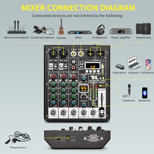 TKLBLS 4 Channel Audio Mixer, Professional DJ Mixer Sound Board Mixing Console with 99-Bit DSP Effect, Bluetooth USB Interface Stereo Mixer Board with 48V Phantom Power For Recording Live Stream - Thumbnail 6