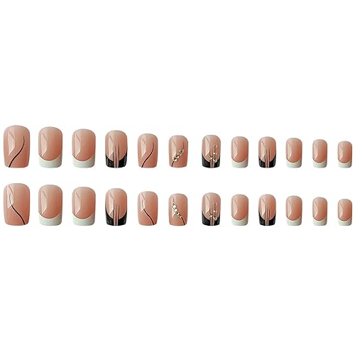 Miniatura 7 de Uñas postizas a presión de punta francesa, uñas postizas cuadradas blancas, uñas postizas cortas negras con diamantes de imitación, diseños de