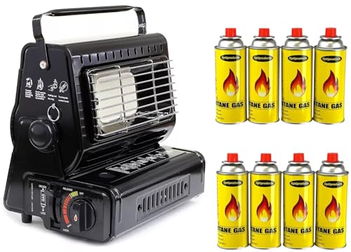 2 In 1 Portable Gas Heater & Stove 1.3kW Butane Gas Heater Compact Lightweight Ceramic Burner Auto Ignition for Outdoor Indoor Home Office Camping Fishing Caravan Picnic and Party (Heater + 8 Cans)