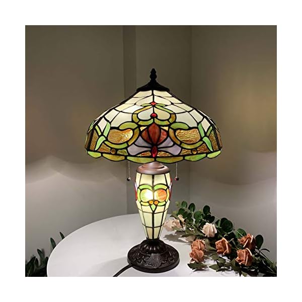 Bieye L10800 Baroque Tiffany Style Stained Glass Table Lamp with Lit Base for Bedside Living Room Bedroom, 14" W x 21" H - Image 4