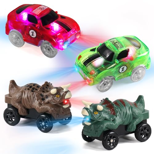 Juguetes Niños 3 Años - Coches para Niños 4 IN 1 Dinosaurios Juguetes con Luces LED Rojas y Azules Intermitentes 4 Coches Cars Regalo niño 3 años Juego niño 3 4 5 6 años Niño Niñas Apto Pista Coches