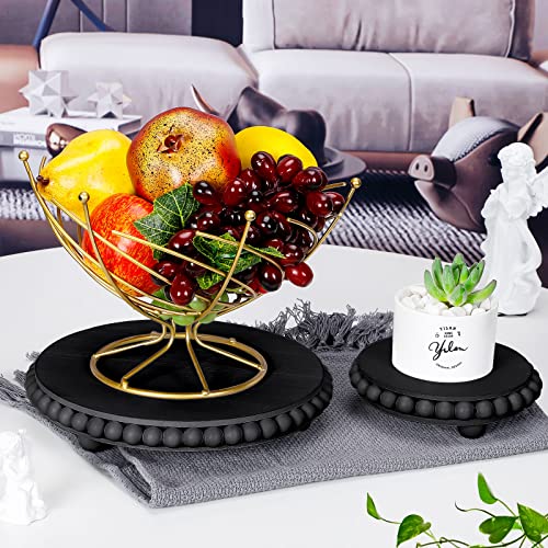 2 Pcs Beaded Wood Pedestal Stand Wooden Risers For Display Farmhouse Round Display Stands Decorative Accent For Coffee Bar, Bathroom, Kitchen Island, Plant Pot (Black, 6/9.5 Inch) #TOP2