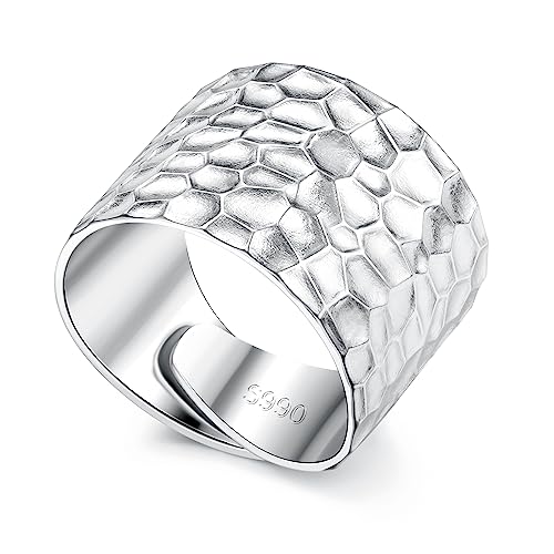 KRFY Anillos de Plata de Ley 925 para Mujer Anillo de Banda Ajustable Ancho Hecho a Mano Anillo de Cúpula Hecho a Mano Pulido Alto Anillo de Banda Martillado para Mujer Hombre Ajustable