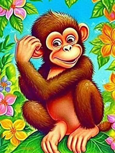 SKRYUIE 5D Flower Monkey Diamond Painting Kits - DIY Diamond Art Kits for Adults Animal, Full Round Drill - Crystal Cross Stitch - Adults Craft for Wall & Office Decor - 12x16inch