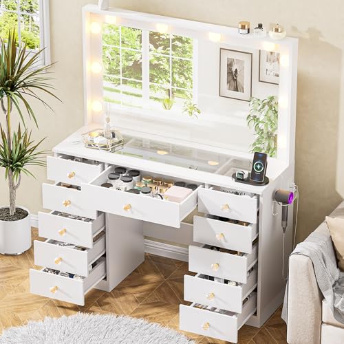 DINGIPP 43.3' Vanity with Large Mirror and 10 LED Lights, Vanity Desk with Glasstop, 11 Drawers with...