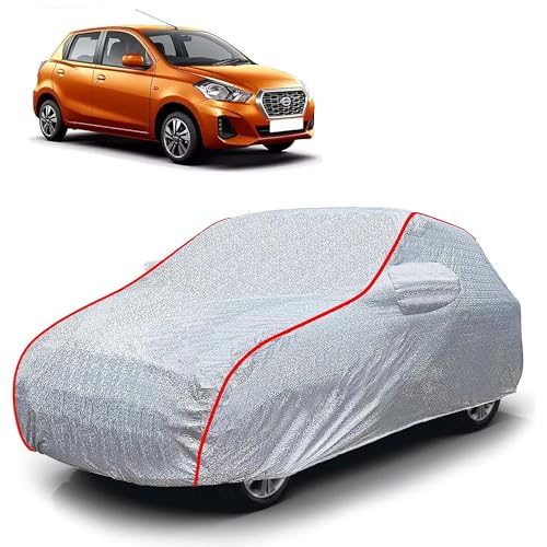 Image of Sulfar 100% Waterproof Car Body Cover Compatible with Mirror for Nissan Datsun Go (Triple Stitched, Full Bottom Elastic, Magic Silver with Red Piping)